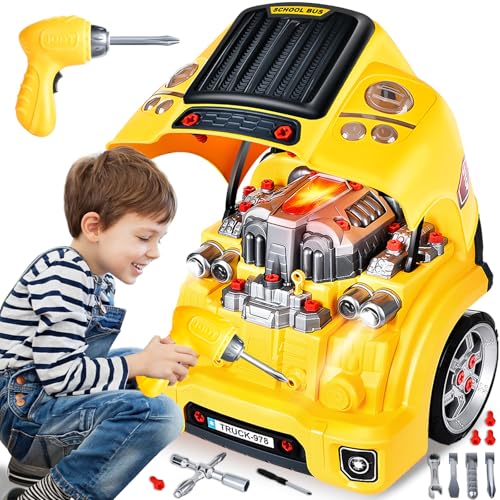 JONRRYIN Auto Schrauben Kinder mit Bohrmaschine, Großer Traktor zum Schrauben Spielzeug Set mit Licht und Sound, Motorblock Reparatur-Funktionen, Lernspielzeug Geschenke Jungen Geburtstag 3-8 Jahre von JONRRYIN