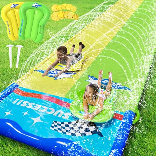 JONRRYIN Wasserrutsche, 600cm * 140cm Aufblasbare Wasserrutsche mit 2 Bodyboards, Doppelrutsche mit Eingebautem Sprinkler, Wasserspielzeug Kinder für Sommer Garten, Pool, Outdoor (2) von JONRRYIN