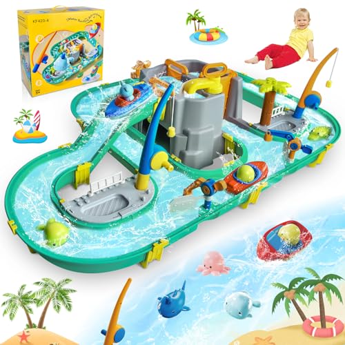 JONRRYIN Wassertisch Spielzeug, Wassertisch Kinder Draußen Spielzeug, Strandspielzeug Wasserbahn Set Wasserpark Spielset mit 2 Booten und Angelfunktion, Sommer Wasserspielzeug für Kinder 3+ Jahr von JONRRYIN