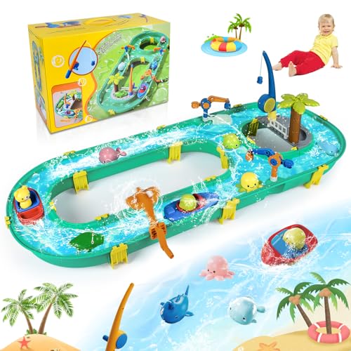 JONRRYIN Wassertisch Spielzeug, Wassertisch Kinder Draußen Spielzeug, Strandspielzeug Wasserbahn Set Wasserpark Spielset mit 2 Booten und Angelfunktion, Sommer Wasserspielzeug für Kinder 3+ Jahr von JONRRYIN