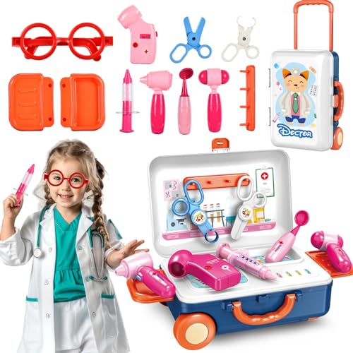 JONRRYIN Arztkoffer Kinder, Doktorkoffer Kinder, Doktor Spielset mit Stethoskop Spritze Thermometer, Tragbare Arzttasche Rollenspiel Kit Kinder Doktorspiele Spielzeug ab 3 4 5 Jahre von JONRRYIN