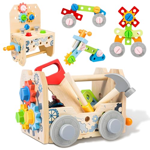 JONRRYIN Werkzeugkoffer Kinder Werkbank, 51 Stück Holzspielzeug Kinderwerkzeug ab 2 3 4 Jahre Montessori Spielzeug,Geschenk Junge Mädchen Werkzeug von JONRRYIN
