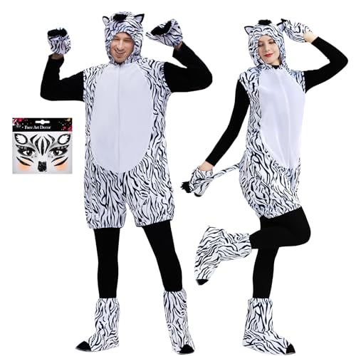 JONRRYIN Zebra Kostüm, Dschungel Kostüm Unisex Adulte mit Ohren und Schwanz, Tierkostüm Erwachsene, Tier Onesie Animal Costume Faschingskostüme für Cosplay Partys Karneval (L) von JONRRYIN