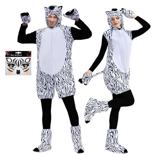 JONRRYIN Zebra Kostüm, Dschungel Kostüm Unisex Adulte mit Ohren und Schwanz, Tierkostüm Erwachsene, Tier Onesie Animal Costume Faschingskostüme für Cosplay Partys Karneval (XL) von JONRRYIN