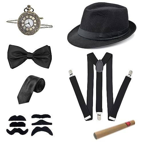 20er Jahre Accessoires Herren, Mafia Kostüm Herren, Peaky Blinders Kostüm, Gangster Kostüm Herren mit Panama Gangster Hut Verstellbar Hosenträger Taschenuhr Fliege Krawatten Bärte für Karneval Partys von JOPHEK