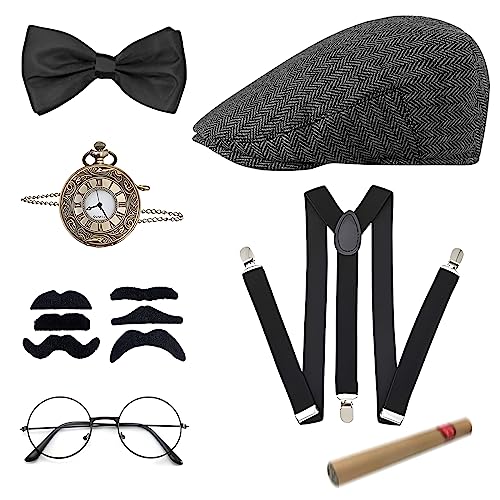 20er Jahre Kostüm Herren Accessoires, Mafia Kostüm Herren, Peaky Blinders Kostüm, Kostüm Party Herren mit Gangster Panamahut Taschenuhr Hosenträger Fliege Bärte Brille, für Karneval Fasching Halloween von JOPHEK