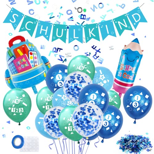 Einschulung Deko Jungen, Einschulung Junge Deko, Schuleinführung Schulanfang Deko Junge mit Blau Grün Schulkind Girlande, ABC 123 Luftballons, Pencil Schultüte Folienballons und Buchstaben Konfetti von JORAKI