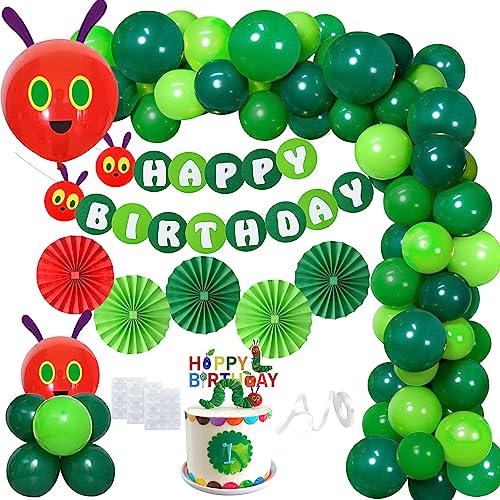 Geburtstagsdeko Jungen Mädchen, Raupe Nimmersatt Deko Geburtstag Kindergeburtstag Deko mit Raupe Happy Birthday Girlande Papierfächer Cake Topper Grüne Luftballons für Kinder Geburtstag Babyparty Deko von JORAKI