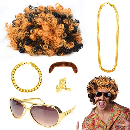 JORAKI Herren Perücke Hippie Fasching Karneval Kostüm 6 in 1 Disco Set mit Afro Perücke Schnurrbart Brille Goldene Halskette Armband und Ring für 60er 70er 80er Cosplay, Mottoparty, Halloween von JORAKI