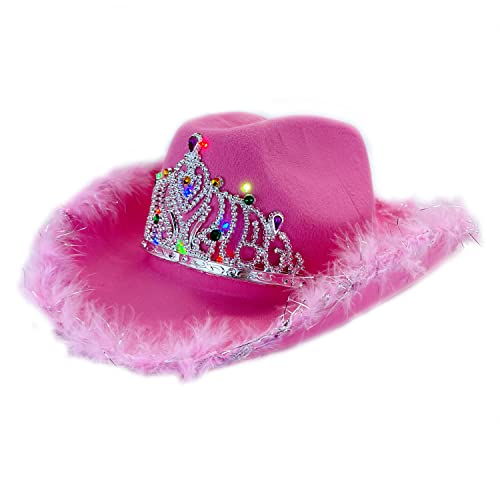 JORCEDI Cowgirl Light Up Blinkende Tiara Hut Paillettenbesetzt Für Mädchen Kostüm Halloween Weihnachten (Rosa) von JORCEDI