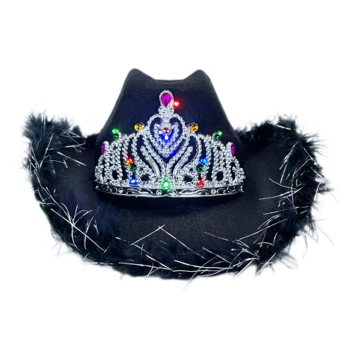 JORCEDI Cowgirl Light Up Blinking Tiara Hut Pailletten getrimmt für Mädchen Kostüm Halloween Weihnachten (Schwarz) von JORCEDI