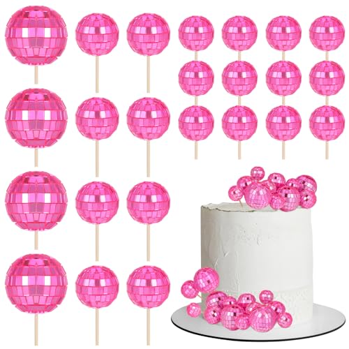 JORCEDI Discokugel-Kuchenaufsätze, Discokugeln, Cupcake-Topper, Partyzubehör für Kuchen, Dessert, Zubehör, Feier, Disco, Party, Ornament, Rosa, 24 Stück von JORCEDI