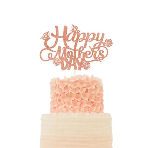 JORCEDI Glitzer-Kuchenaufsatz "Happy Mother's Day", Party-Dekoration mit Schmetterlings-Blume, Kuchenaufsatz für beste Mutter, Liebe, Mutter, Motto-Party-Zubehör, 10 Stück (Roségold) von JORCEDI