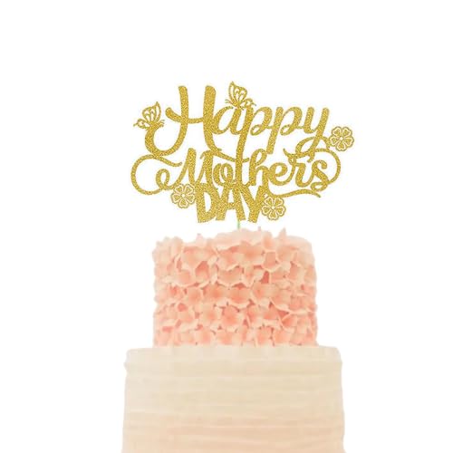 JORCEDI Glitzer-Kuchenaufsatz "Happy Mother's Day", Party-Dekoration mit Schmetterlings-Blume, Kuchenaufsatz für beste Mutter, Liebe, Mutter, Themenparty-Zubehör, goldfarben, 10 Stück von JORCEDI