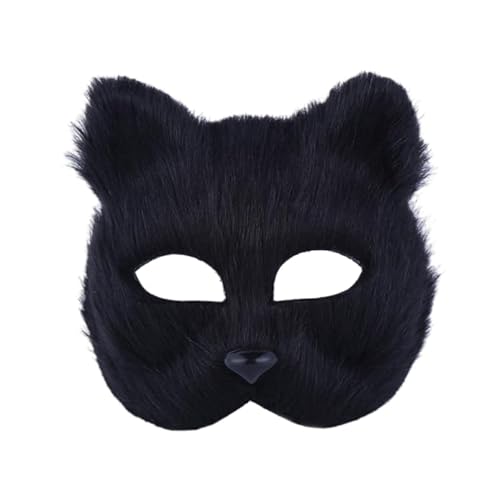 JORCEDI Pelzige Katze Maske Kunstfell halbe Gesichtsmaske für Cosplay Kostüm Hochzeit Prom Party Supplies (Schwarz) von JORCEDI