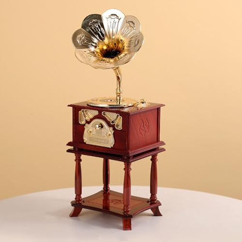 JOROBURO Grammophon-Spieluhr, Exquisite Uhrwerk-mechanische Retro-Spieluhr-Figuren, Klassische Trompeten-Grammophon-Kosmetikbox und Schmuckschatulle für Heimt (Braunes Grammophon mit von JOROBURO