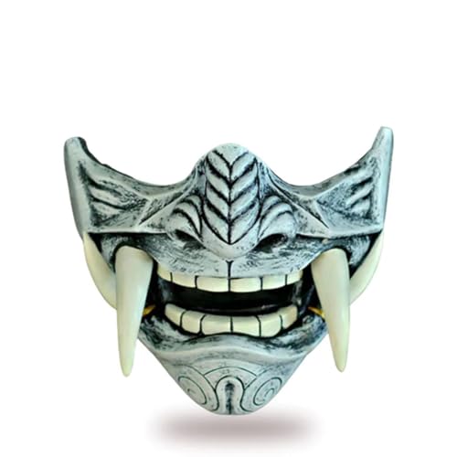 JOYARCH Half Face Fangs Hannya Mask Japanese Style Painted Props Wearable Masks for Halloween Cosplay (Grey) von JOYARCH