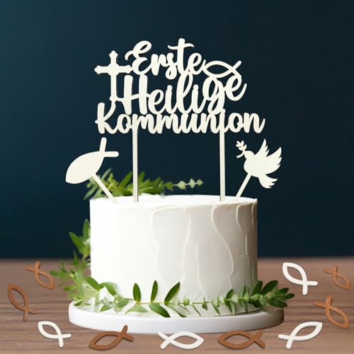 Erste Heilige Kommunion Cake Topper mit 48 Holz Fische Streudeko Tischdeko Kommunion, Erstkommunion Deko Junge Mädchen von JOYEASE