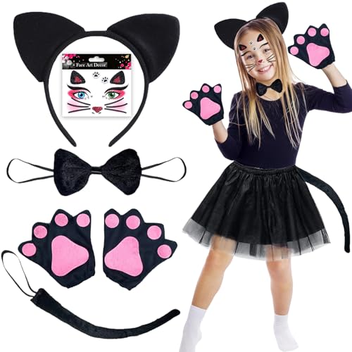 JOYEASE 5-teilig Katzenkostüm Kinder Mädchen, Katzenohren Haarreif Fliege Schwanz Pfoten Handschuhe Gesichtstattoo, Katze Kostüm Kinder für Karneval Fasching Halloween Cosplay Party von JOYEASE