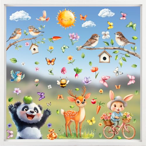 JOYEASE Fensterbilder Frühling Selbstklebend, 9 Blätter Fenstersticker Frühling Wiederverwendbar mit Kleintiere, Fensteraufkleber Frühlingsdeko Fensterdeko Frühling Kinderzimmer von JOYEASE