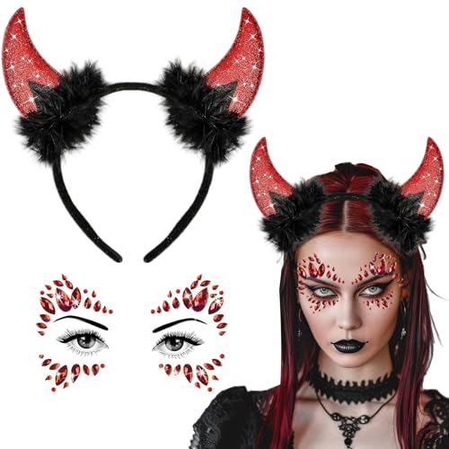 JOYEASE Karneval Halloween Deko Teufelshörner Haarreif Glitzersteine Gesicht, Teufel Hörner Haarschmuck Kopfschmuck Fasching Damen Herren Kinder, Teufel Kostüm Zubehör von JOYEASE