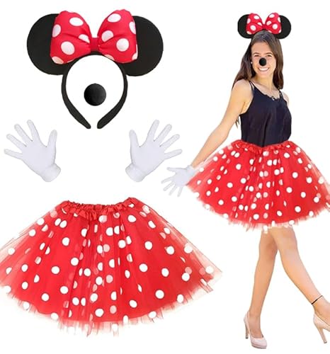 JOYEASE Maus Kostüm Damen, Mouse Rot Tutu Mit Weiß Gepunktet + Maus Ohren Haarreifen mit Schleife + Handschuhe + Nase, Karneval Kostüm Damen Fasching Motto Party Cosplay von JOYEASE