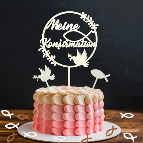 Meine Konfirmation Tortendeko, Cake Topper Konfirmation mit 48 Holz Fische Streudeko Tischdeko Konfirmation, Konfirmation Deko Mädchen Junge von JOYEASE