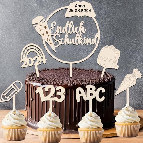 7 STK Endlich Schulkind 2024 Tortendeko Einschulung aus Holz, Cake Topper Kuchendeko Schulanfang, Schultüte ABC 123 Kuchen Deko Torte Einschulung für Mädchen Junge von JOYEASE