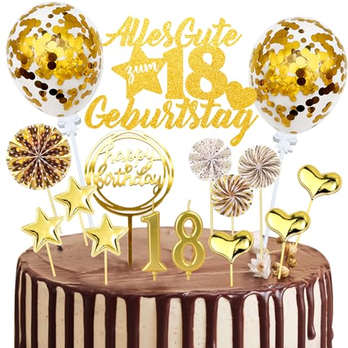 Tortendeko 18 Geburtstag Junge Mädchen, 20 Stück Cake Topper 18 Geburtstag Deko, Glitzer Alles Gute zum 18 Geburtstag mit Geburtstagskerzen für 18. Geburtstag Junge Party Deko(Gold) von JOYEASE