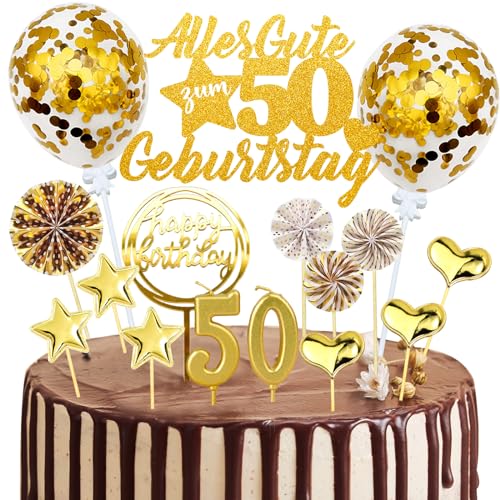 Tortendeko 50. Geburtstag Mann Frau, 20 Stück Gold Kuchendeko Cake Topper 50 Geburtstag Deko, Glitzer Alles Gute zum 50 Geburtstag mit Geburtstagskerzen Konfetti Luftballons Papierfächer von JOYEASE