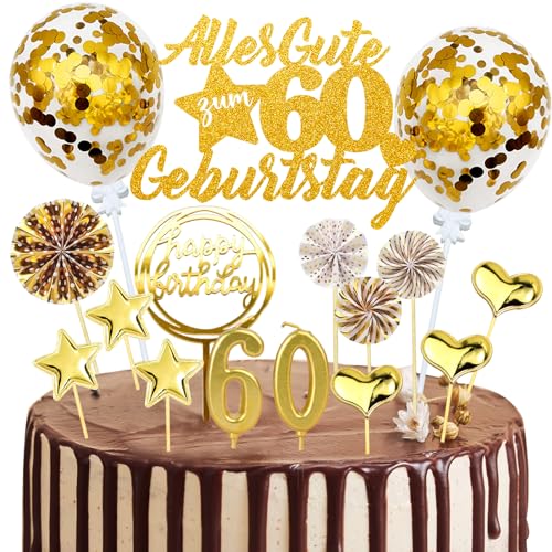 Tortendeko 60 Geburtstag Mann Frau, 20 Stück Gold Kuchendeko Cake Topper 60. Geburtstag Deko, Glitzer Alles Gute zum 60 Geburtstag mit Geburtstagskerzen Konfetti Luftballons Papierfächer von JOYEASE