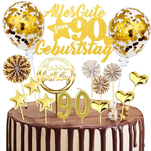 Tortendeko 90. Geburtstag Frau Mann, 20 Stück Gold Kuchendeko Cake Topper 90 Geburtstag Deko, Glitzer Alles Gute zum 90 Geburtstag mit Geburtstagskerzen Konfetti Luftballons Papierfächer von JOYEASE