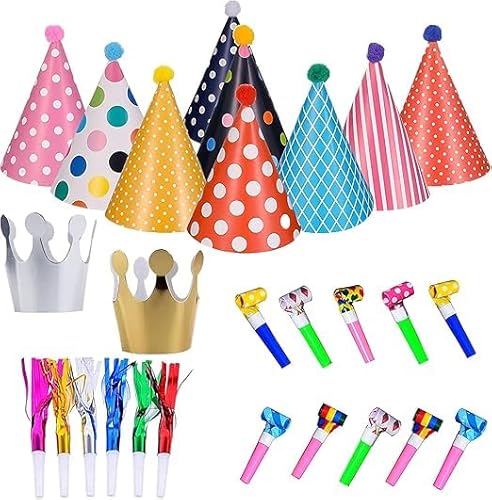 JOYEONDEF 27 Stücke Partyhüte Geburtstag Set Partyhüte Kindergeburtstag Set, 9 Hüte Mit Pompoms Und 2pcs Geburtstag Krone, Geeignet Für Familienfeiern Für Kinder Und Erwachsene von JOYEONDEF