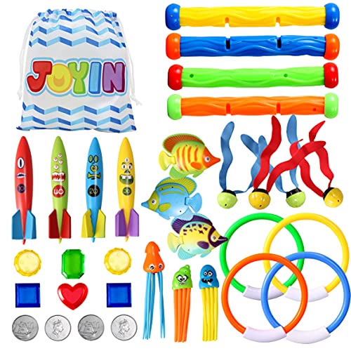 JOYIN 32 Stück Tauchen Pool Spielzeug Set enthält Tauchringe, Tauchen Sticks, Toypedo Bandits, Tauchen Spielzeug Bälle, Kraken, Fische&Piraten Schätze, Unterwasser versinken Pool Spielzeug für Kinder von JOYIN