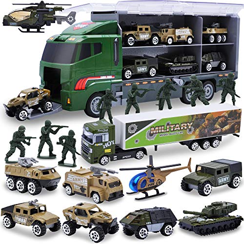 JOYIN 10 Mini Kampf Fahrzeuge Spielzeug in 1 Druckguss Militärtransporter, Spiel Armeefahrzeug Spielzeugset mit 8 Spielzeug Soldaten, Kinder geburtsta gsgeschenke für Jungen ab 3 Jahren (grün) von JOYIN