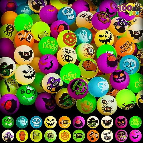 JOYIN 100 Stück Halloween Flummi Im Dunkeln leuchtende Springende Bälle 32mm Gummiball Springball Hüpfball für Halloween Party Mitgebel Spielzeug Geschenk Süßes oder Saures von JOYIN
