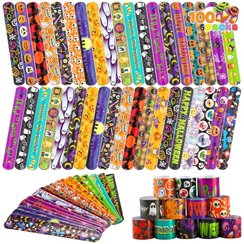 JOYIN 100 Stück Halloween Slap Armbänder für Kinder, Halloween Snap Armbänder Party Favors Party Tütenfüller, Slap Armbänder mit Halloween Classies Muster von JOYIN