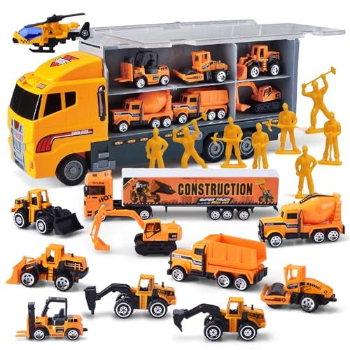 JOYIN 11 Mini-BAU-LKW in 1 Druckguss Konstruktions Spielzeugautos, Spielfahrzeug Set mit 8 technischen Figurens pielzeugen, Kindergeburtsta gsgeschenke für Jungen ab 3 Jahren von JOYIN