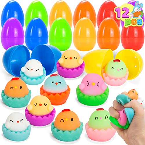 JOYIN 12 Stück Vorgefüllte Ostereier mit Mochi Squishy Spielzeug, Niedliches Hühner Mochi Stressabbau für Oster Party, Ostereier zum Befüllen, Ostereier Jagd, Osterkorbfüller Geschenk für Kinder von JOYIN