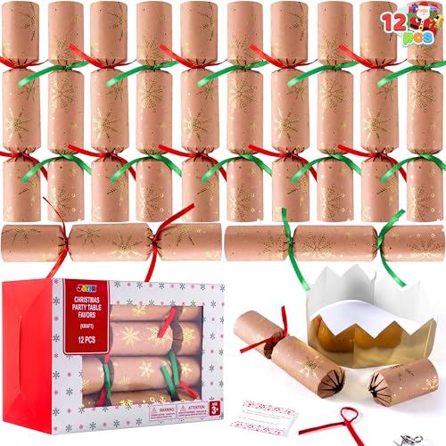 JOYIN 12er-Pack Weihnachts-Partygeschenke ohne Druckknopf Party-Tischgeschenk aus Kraftpapier mit Schneeflocken, inklusive Partyhut Witzen und Geschenken Weihnachtsgeschenkpreise für Weihnachtsessen von JOYIN