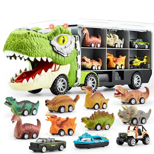 JOYIN 13 Stück Dinosaurier Spielzeug Autotransporter für Kinder ,mit 12 zurückziehbaren Dinosaurier-Autofahrzeugen, 1 Spielzeug-Dinosaurier-Transportwagen mit Musik,Sound, Lichtern, 1 Hubschrauber von JOYIN