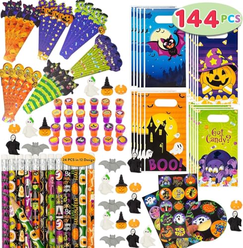 JOYIN 144pcs sortiertes Halloween-Themen-Briefpapier für Kinder, Geschenkset für Süßes und Saures, Mitbringsel, Spielzeug, einschließlich Halloween-Bleistiften, Stempeln in Süßes oder Saures-Beuteln von JOYIN