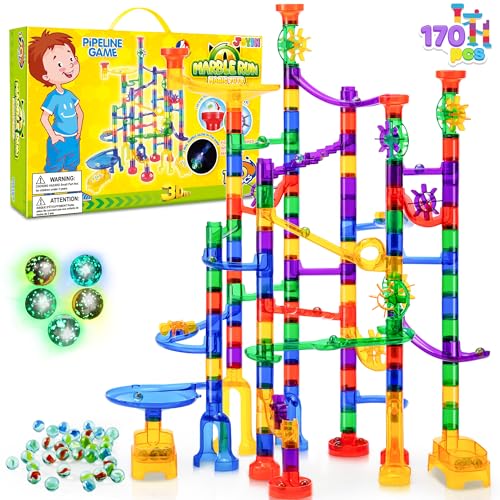 JOYIN 170 Stück Mehrfarbige Murmelbahn Marble Run Set mit 120 Kunststoffteile 50 Glasmurmeln, Bausteine, Kugelbahn Lernspielzeug, Bausteinspielzeug, Konstruktionspielzeug für Kinder von JOYIN