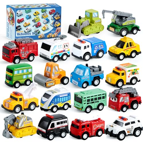 JOYIN 18 Stück Zurückziehen Stadtautos und Lastwagen Spielzeugfahrzeug-Set, Modellauto, reibungsbetriebene Druckgussautos für das Lernspiel von Kleinkindern, Jungen und Mädchen von JOYIN