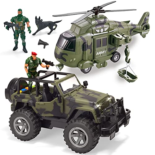 JOYIN 2 Stücke Realistisches Reibungsbetriebenes Militärfahrzeug Autoset mit Licht und Geräuschsirenen, einschließlich Umwandelbarem Militär LKW, Hubschrauber, Armee Männer Actionfiguren und Zubehör von JOYIN