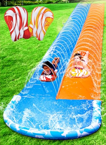 JOYIN 32,5ft/990,6cm Ultralange Doppelte Wasserrutsche, Rasen-Wasserrutsche mit Sprinkler und 2 aufblasbaren Boards für Kinder und Erwachsene, Sommerparty, Garten, Rasen, Außen-Wasseraktivitäten von JOYIN