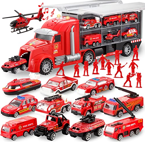 JOYIN 25-in-1 Feuerwehrauto Spielzeugset mit Geräuschen und Lichtern, Feuerwehr Fahrzeuge im Trägerwagen, Mini-Rettungs Feuerwehrauto-Spielzeug, Geburtstagsgeschenk-Spielzeug für Jungen ab 3 Jahren von JOYIN