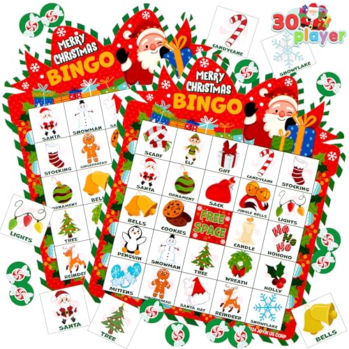 JOYIN 28 Stück Spieler Weihnacktskarten Bingo (5x5) für Kinder, Familienaktivitäten. Party-Kartenspiele, Schulklassenzimmer- Spiele, Truthahn- Partyzubehör von JOYIN