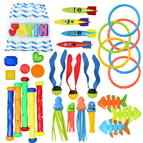 JOYIN 30 Stück Tauchen Spielzeug Unterwasser, Kinder Tauchspielzeug Set: 5 Tauchstäbe, 6 Tauchringe, 5 Piratenschätze, 4 Toypedo Banditen, 3 Algenspielzeug, 3 Fischspielzeug, 4 Krake von JOYIN