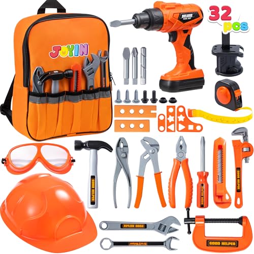 Joyin 32 Pcs Kinder Bauwerkzeug Spielzeug Set, Rucksack von Werkzeugspielzeug mit Elektrobohrmaschine Spielzeug, Bauhelm, Bauwerkzeug von JOYIN